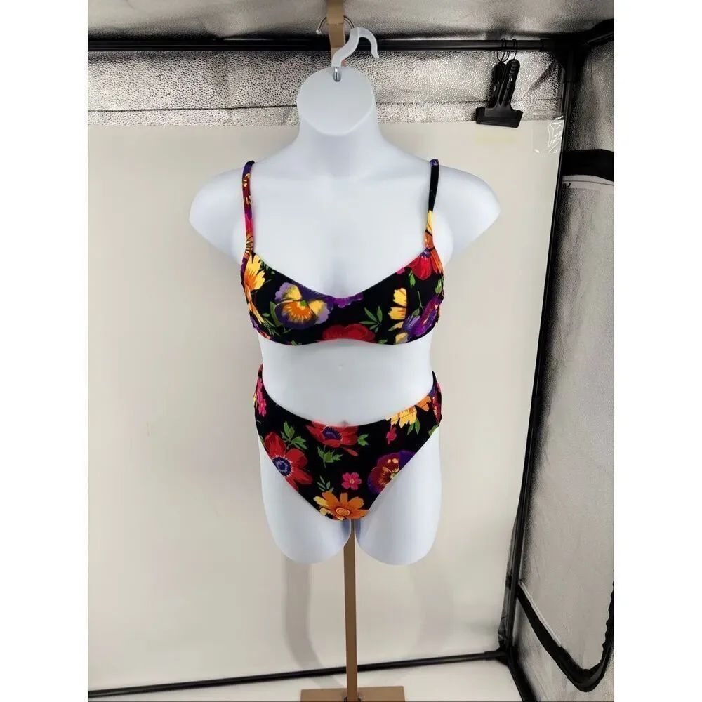 Illusions by Cole Vintage Bikini Set Floral Print 36C Black